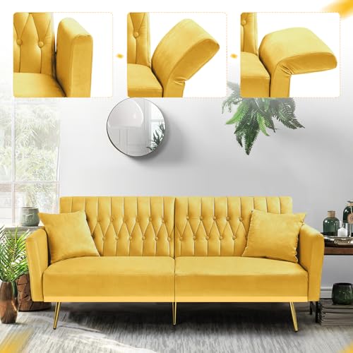 ACMEASE 70” Velvet Futon Sofa Bed w/Adjustable Armrests & 2 Pillows, Convertible Futon Couch w/Adjustable Backrests, Modern Sleeper Bed for Living Room, Bedroom, Yellow ACMEASE