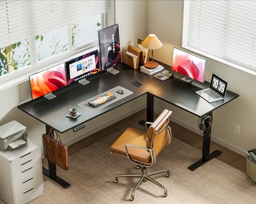 Casaottima 63 Inch Reversible L Shaped Electric Standing Desk, Ergonomic Height Adjustable Desk, Large Lift Corner Stand up Table for Workstation, Home Office, Reception Room, Black Casaottima
