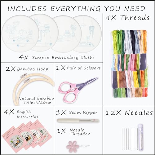 Bonroy 4 Sets Embroidery Set for Beginners, Art Craft, Easy Sewing, Includes Embroidery Clothing, Pattern, Embroidery Hoop, Instruction Manual, Colorful Thread Stitch Set (Cat)