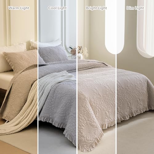 QSH 3PCs Linen Feel Oversized King Quilt Bedspread Set(120"x120"),Stonewashed Cotton Ruffled Quilt California King,Ultra Soft Lightweight Crinkle Shabby Bedspread Coverlet Bedding Set for All Seasons QSH