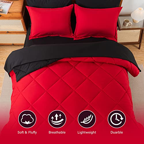 Cosybay Bed in a Bag Queen Reversible Comforter Sets 7pcs All Season Down Alternative Bedding Sets Red and Black with Comforter, Pillow Shams, Flat Sheet, Fitted Sheet and Pillowcase Cosybay