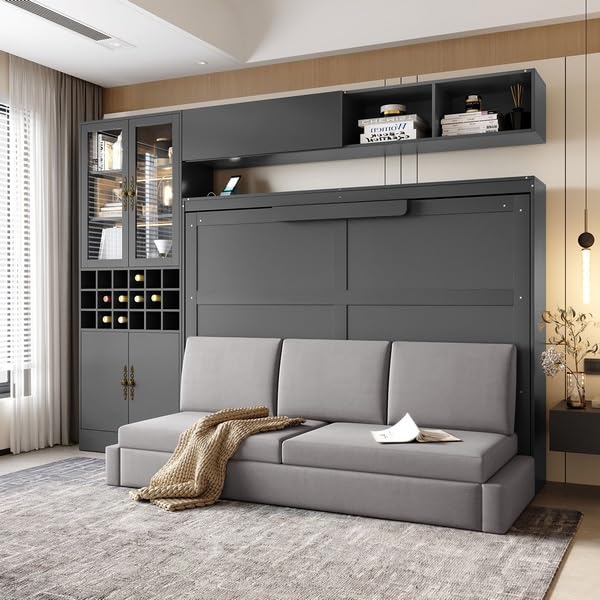 Polibi Full Size Murphy Bed with Sofa Function - Space-Saving Wall Bed, Shelves USB and Light, for Small Apartments/Studios, Gray Polibi