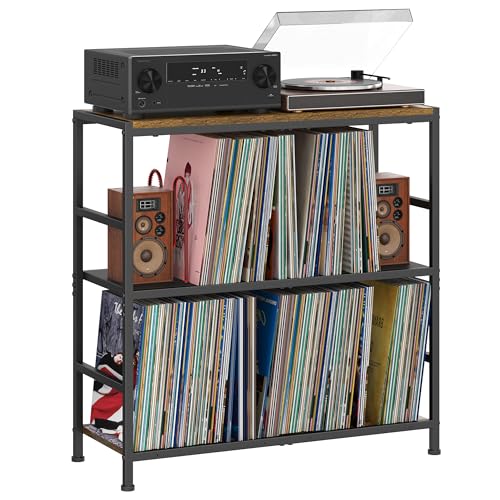Sonyabecca Record Player Stand with 4 Adjustable Dividers, Vinyl Record Storage Up to 350 Albums, 3-Tier Vinyl Storage Holder with Open Wooden Desktop for Living Room, Bedroom Sonyabecca