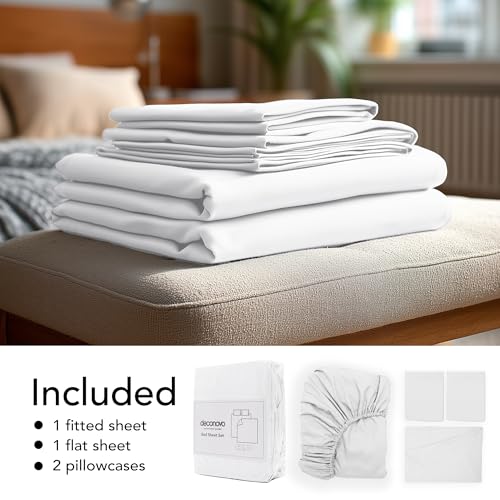 Deconovo Queen Sheet Set–4Piece Brushed Microfiber Bedding with Deep 16 inch Pocket,Soft & Long-Lasting Sheets,All‑Around Elastic Fitted,Machine Washable–1 Flat,1 Fitted,2 Pillowcases,White Deconovo