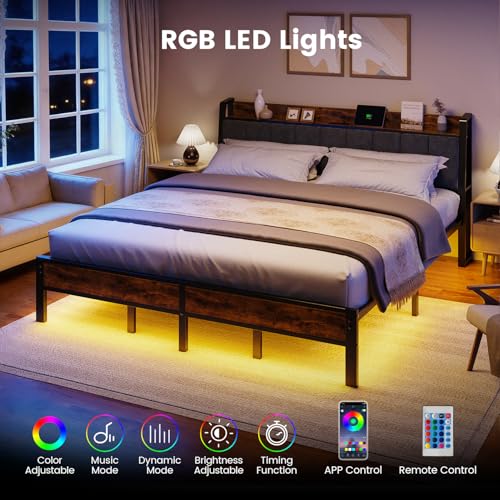 King Size Bed Frame with USB Charging Station, Storage Headboard with Smart LED Lights, Metal Platform Bed Noise Free, No Box Spring Needed, Easy Assembly Liians