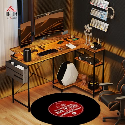 HOMCOM 58" L Shaped Gaming Desk with Power Outlets and LED Lights, Reversible Computer Desk with Monitor Stand, Fabric Storage Bag, Cable Management, for Home Office, Rustic Brown HOMCOM