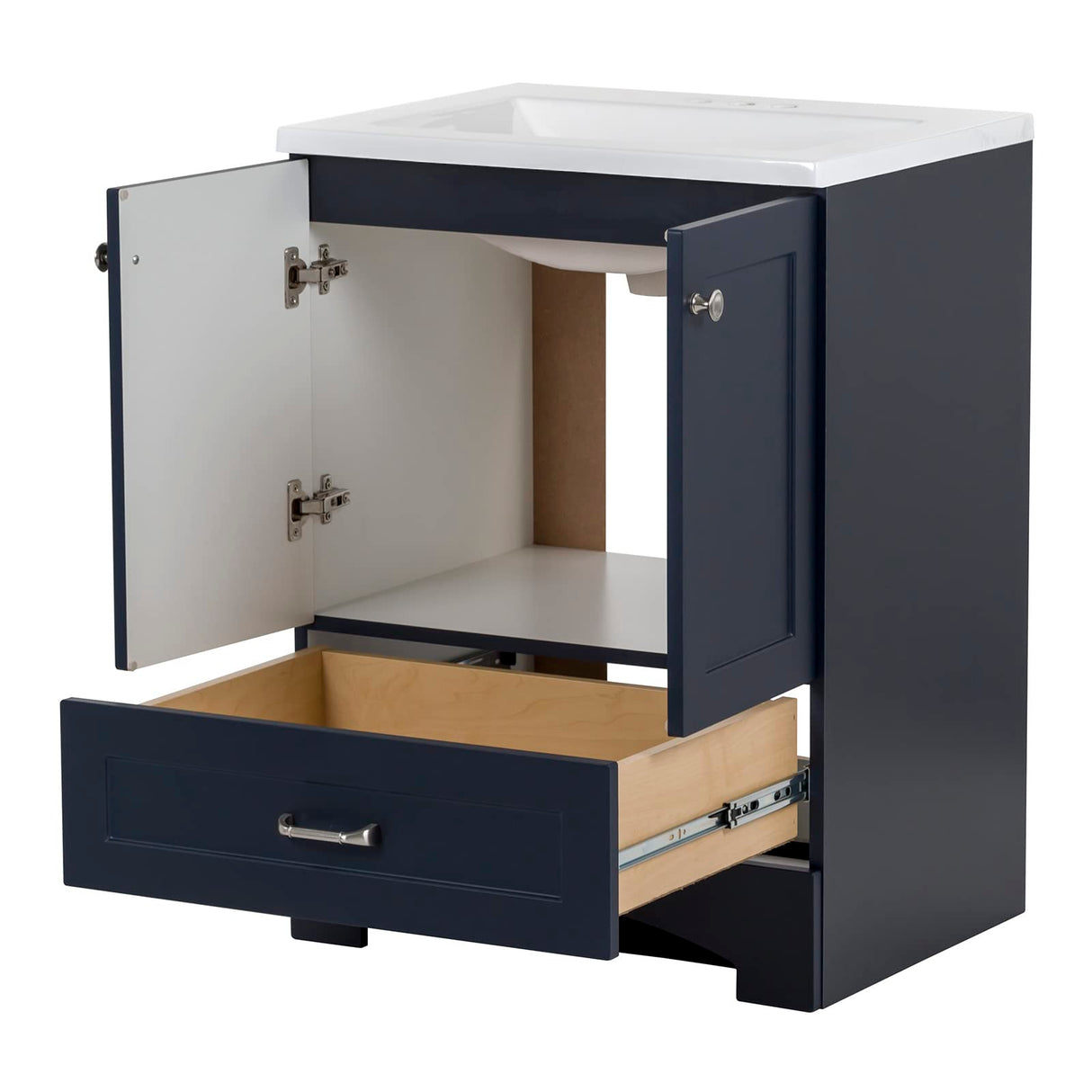 Spring Mill Cabinets Emlyn 24 Inch Bathroom Vanity with White Single Sink Top, 2-Door Cabinet, 1 Drawer, 24.5" W x 18.75" D x 32.89" H, Deep Blue Spring Mill Cabinets