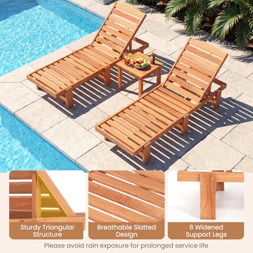 Tangkula Lounge Chair Outdoor, Solid Wood Patio Chaise Lounge with 5-Level Adjustable Backrest, Wooden Slatted Beach Pool Sunbathing Recliner for Outside Backyard, 500 LBS Max Load (1,Natural)