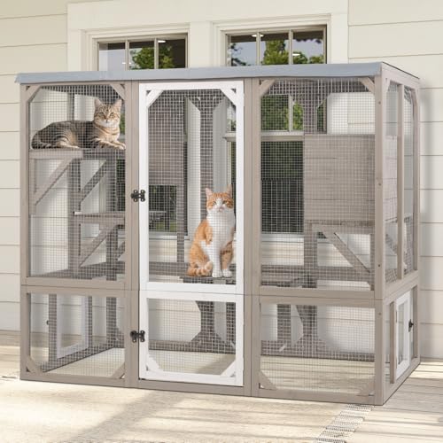 Large Catio Outdoor Cat Enclosure Window Access, Wooden Kitty Cage with Resting Room & 3 Platforms for Multiple Feral Cats, Cat House Attached to Window, Pet's Door for Patio Indoor Magazoopet
