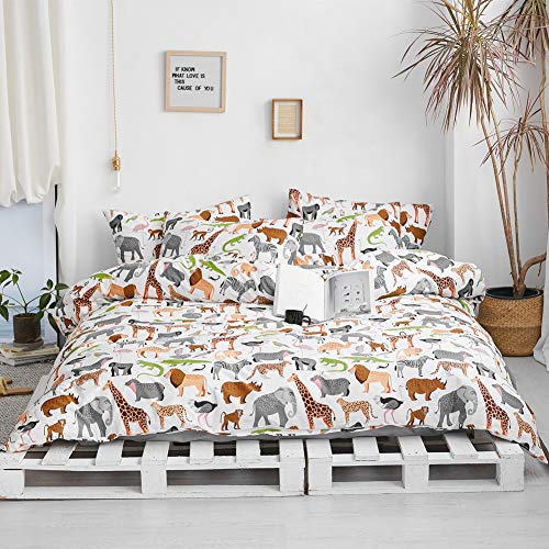 BlueBlue Safari Kids Duvet Cover Set Twin, 100% Cotton Bedding for Boys Girls Teens Single Bed, Animal Lion Elephant Rhino Giraffe Zebra Pattern on White, 1 Comforter Cover 2 Pillowcase (Twin, Zoo) BlueBlue