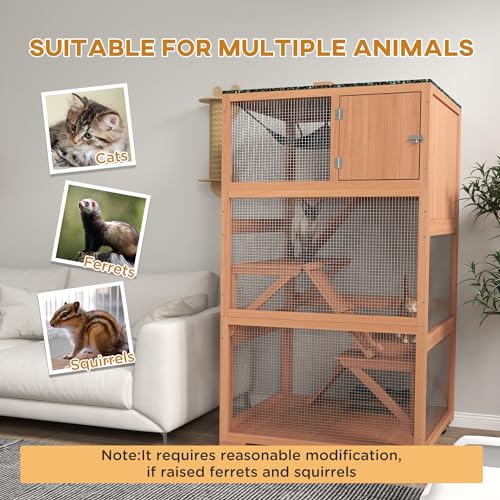 PawHut Catio, Outdoor Cat Enclosure House, Wooden Feral Cat Shelter on Wheels, Cat Cage with Hammock, Platforms Ramps, and Weather Protection Asphalt Roof, 34", Orange PawHut