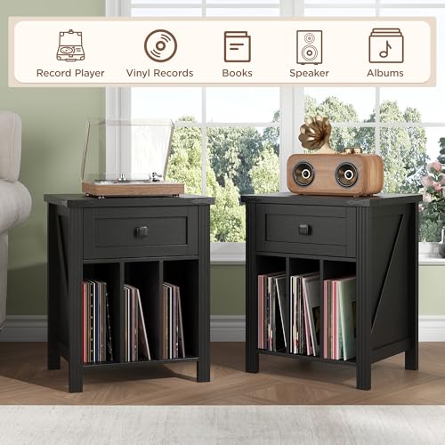 HOSEOKA Record Player Stand with Vinyl Record Storage, Turntable Stand with Charging Station, Wood Vinyl Record Holder Cabinet Dispaly Shelf with Drawer, Black HOSEOKA