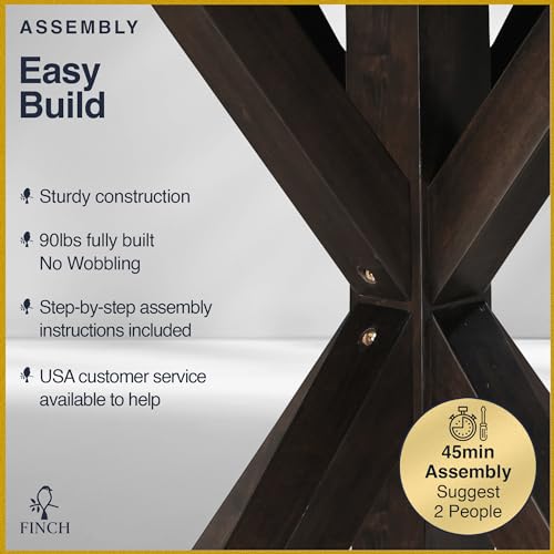 Finch Alfred Round Solid Wood Rustic Dining Table for Farmhouse Kitchen Room Decor, Wooden Trestle Pedestal Base, 46.5" Wide Circular Tabletop, Distressed Dark Brown Finch