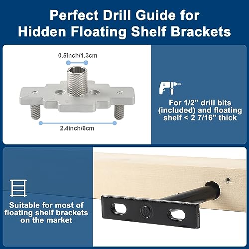 Floating Shelf Bracket Dowel Jig Kit with 1/2" x 9" Drill Bit, Self Centering Straight Hole Drill Guide for Installing Floating Shelf Hidden Bracket 1/2" X 6", 1/2" X 8" MaxxGeek