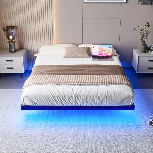 BOFENG Floating Bed Frame Full Size with LED Lights and Charging Station,Heavy Duty Metal Platform Full Size Bed Frame No Box Spring Needed,Nonslip,Noise Free,Easy Assembly BOFENG
