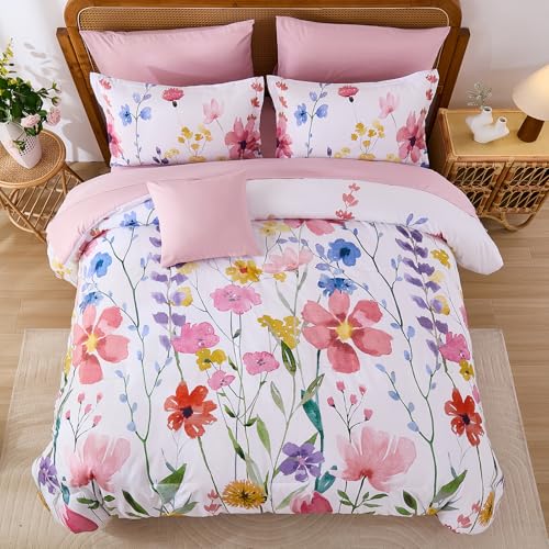 Annibedding Pink Floral Queen Comforter Set, 8 Piece Soft Microfiber Flower Bed in a Bag Bedding Set with Pillowcase and Sheets for All Season (90"x90") Anibedding
