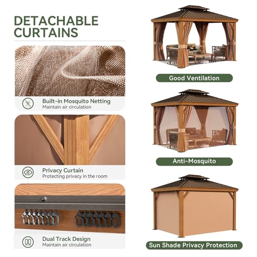 Aoxun 10' x 12' Hardtop Gazebo, Wooden Finish Coated Aluminum Frame Canopy, Galvanized Steel Double Top, Outdoor Permanent Metal Pavilion with Curtains and Netting, for Backyard, Patio and Deck Aoxun
