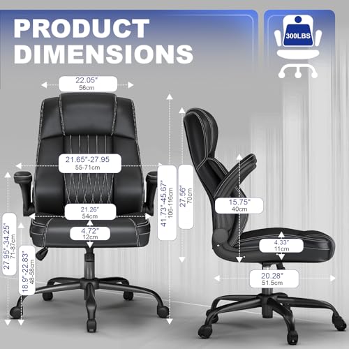 Keratee Executive Office Chair with Lumbar Support, High Back Leather Ergonomic Computer Desk Chairs with Flip-up Arms, 360° Swivel and Height Adjustable, Rocking Function, for Home, Office, Black Keratee