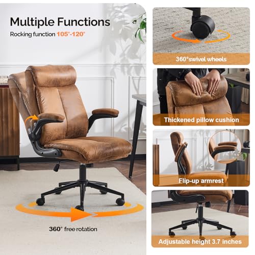 VINGLI Microfiber Brown Rolling Ergonomic Office Desk Chair with Padded Flip-up Arms, 360°Swivel High Back Executive Computer Chair with Wheels for Game,Home Small Space, Study Room, Reading Room VINGLI