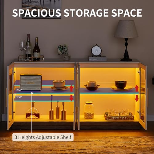 LUXOAK Sideboard Buffet Cabinet with Storage,64" Kitchen Sideboard with LED Light,Modern Wood Glass-Buffet Cabinet for Dinning Room,Kitchen,Hallway,and Living Room,White&Grey LUXOAK