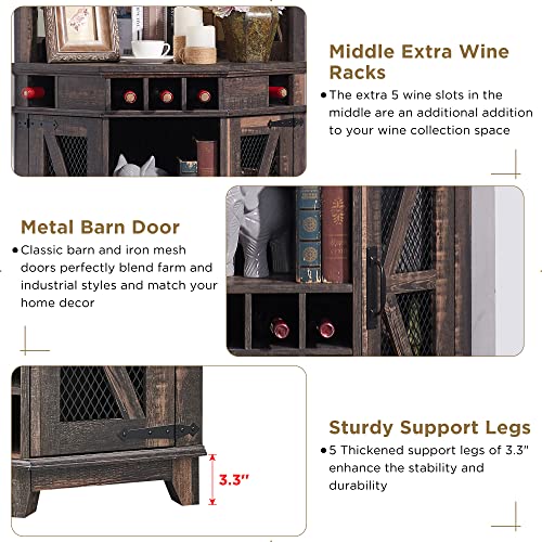 OKD Corner Bar Storage Cabinet, 72" Tall Farmhouse Wine Bar Cabinet w/Barn Door & Adjustable Shelf, Home Bar Cabinet w/LED Light & Glass Rack for Dining Room, Living Room, Kitchen, Dark Rustic Oak OKD