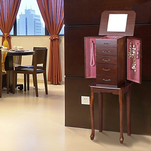 Giantex Standing Jewelry Cabinet Armoire with Top Flip Mirror, Jewelry Storage Organizer with 2 Side Doors for Necklaces, Jewelry Armoire Box Chest for Women Girls, Walnut Giantex