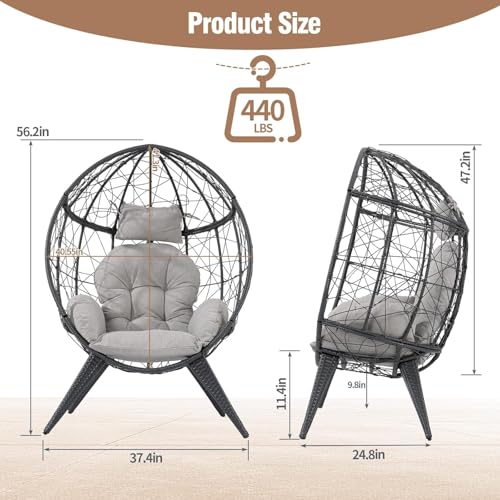 Rattan Egg Chair for Adult, Indoor Outdoor Patio Large Wicker Egg Chair with Overstuffed Cushions, Steel Frame, Boho Nest Seat for Patio, Bedroom, Lawn, Backyard VKUCI