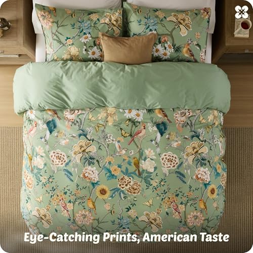 Bedsure 100% Cotton Reversible Floral Duvet Cover King Size - Flowers and Birds Pattern Printed Comforter Cover with Zipper Closure & 2 Pillow Shams, Comforter Sold Separately (Green Garden, 104"x90") Bedsure