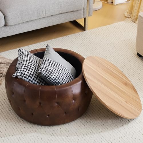gusohey Round Storage Ottoman with Wooden Lid, Tufted PU Leather Circle Ottoman Footrest Stool Bench Coffee Table for Living Room,Brown gusohey