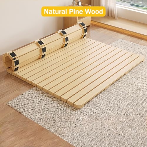 Folding Bed Frame, Natural Solid Wood Bed Frame,Japanese Platform Bed Frame Wooden Slatted Pallet Floor Bed, Roll-Up Slatted, 79" Lx39.4 W SUZEPER