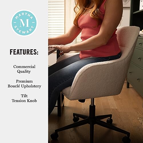 Martha Stewart Rayna Swivel Task Chair with Flared Arms for Home Office in White Boucle with Oil Rubbed Bronze Frame Martha Stewart