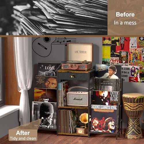 Record Player Stand with Vinyl Storage, Record Player Table with 8-Tier Vinyl Display Holder, Vinyl Record Stand Storage Up to 200 Albums, Turntable Stand with Metal Frame, End Table for Living Room ThreeHio