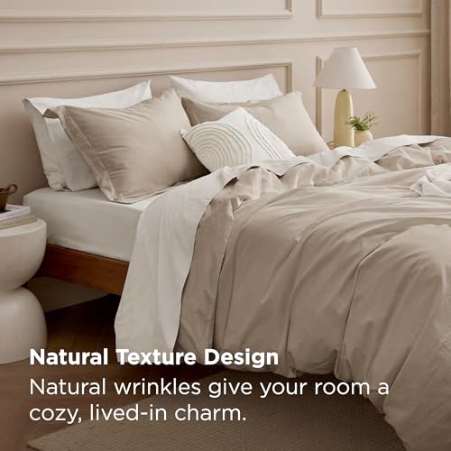 Bedsure 100% Washed Cotton Duvet Cover Queen Size - Frosted Almond Minimalist Cotton Duvet Cover Linen Like for All Seasons - GentleSoft™ Plain Simple Bedding, Frosted Almond, Queen, 90"x90" Bedsure