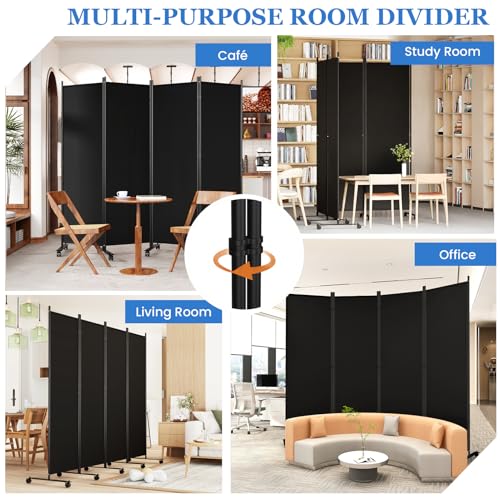 SUNALLY Room Divider 6FT Folding Privacy Screens with Lockable Wheels, 4 Panel Room Partition for Room Separator, 88" W Freestanding Portable Fabric Wall Dividers for Home Dorm Studio Office, Black SUNALLY