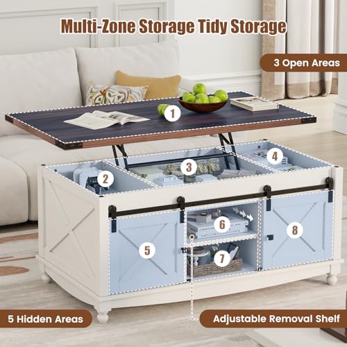 ALLSTAND 48" Farmhouse Lift Top Coffee Table with Storage Sliding Barn Door & Large Hidden Compartment, Coffee Table with Lifting Top with Wooden Lift Tabletop, Storage Coffee Table for Living Room ALLSTAND