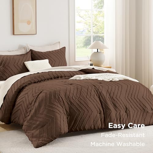 Andency Brown Comforter Set King Size, Boho Soft Warm Tufted Bedding Comforter Sets for King Size Bed, 3 Pieces Aesthetic Chevron Farmhouse Cute Bohemian Textured Bedding Set