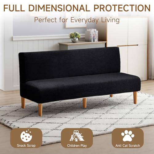 Armless Futon Cover Teddy Wool Futon Slipcover Soft Stretch Couch Covers with No Arm Sofa Bed Cover Thick Warm faux fur Sofa Covers for Winter Teddy Fleece Couch Slipcovers for Living Room (Black) XIAROGEE