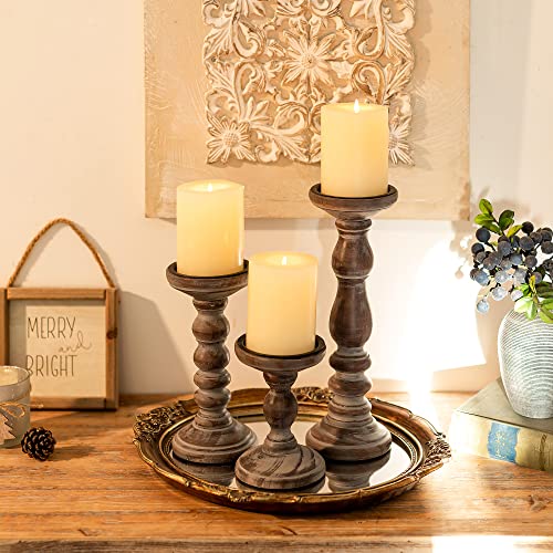Wooden Candle Holders for Pillar Candles - Tall Rustic Candle Holder (Set of 3), Large Farmhouse Candle Holders Candle Stand, Pillar Candle Holder Set for Table Centerpiece, Fireplace, Home, Black Inweder