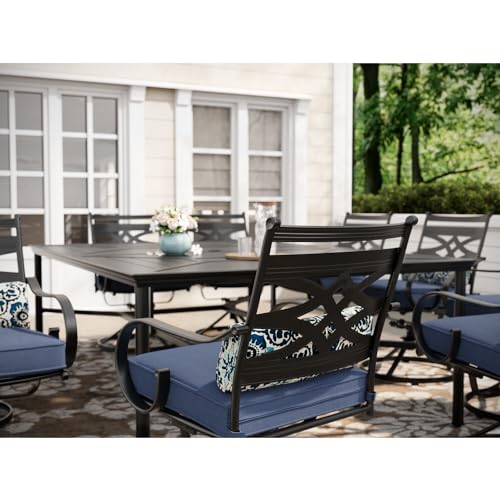 Hanover Montclair 11-Piece Patio Dining Set with 10 Swivel Rocker Chairs, Accent Lumbar Pillows and 84"x60" Steel Stamped Rectangular Table, Large Outdoor Patio Dining Set for 10, Navy Blue Hanover