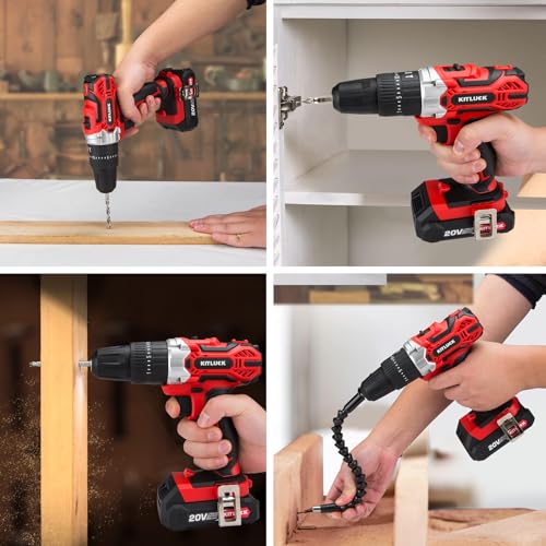 Cordless Drill Set, 20V Power Drill Kit with 2 X 2.0AH Battery, 44pcs Drill/Driver Bits, 1 Box Screws, Bubble Level, 3/8'' Chuck Electric Drill, 32NM, 21+3 Position, 2 Variable Speed KITLUCK