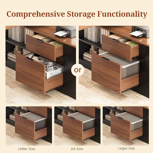 UPOSOJA L Shaped Standing Desk Adjustable Height, 53" Electric Office Desk with File Drawers & Storage Shelves, Sit Stand Corner Computer Desk with Power Outlets, Pegboard, 6 Hooks, Black & Walnut UPOSOJA