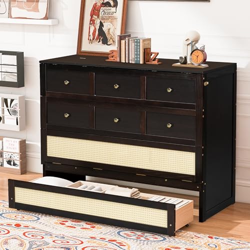 Merax Farmhouse Wood Murphy Bed Chest, Foldable Wall Platform Bed with Storage Drawer/Space Saving/Wood Slat Support/Full, Espresso +Natural