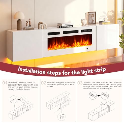 MXV 70'' Floating TV Stand, Modern Media Entertainment Center with 36" Electric Fireplace, TV Console Cabinet Wall Mounted, Adjustable 12-Color LED Lights, for Living Room, White + White MXV