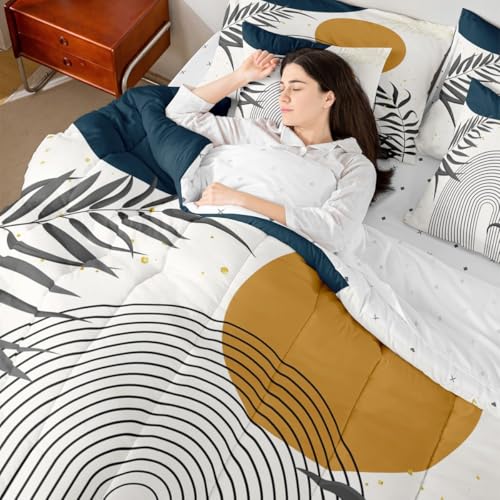 Erosebridal Boho Mid Century Queen 7 Pcs Bedding Set, Contemporary Bohemian Minimalist Comforter Set with Sheets, Abstract Geometric Bed in A Bag, Sage Tropical Palm Leaves Retro Elegant Zen Bed Sets Erosebridal