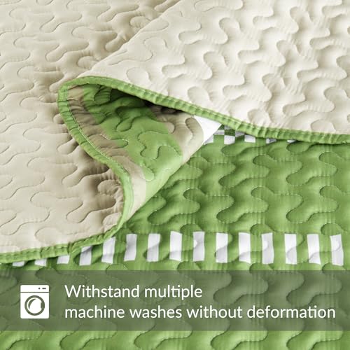 Whale Flotilla Twin Quilt Set - Reversible Green Quilts Twin Size with 1 Pillow Sham, Lightweight Boho Striped Bedspreads Coverlet Bedding Set for All Seasons Whale Flotilla