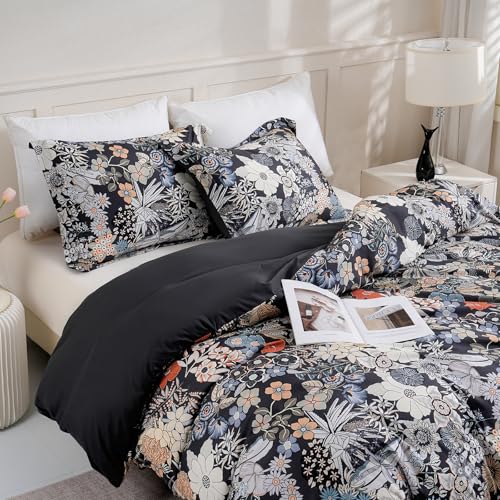 LONAVA Queen Flower 3 Pcs Duvet Cover Set, Breathable Soft Microfiber Black Lining Comforter Cover with Zipper Closure, and 2 Anti-Pilling, Fade Resistant Pillowcases, Midnight Blossoms LONAVA