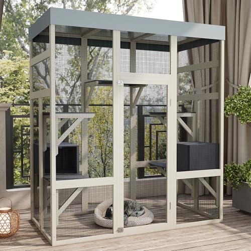 70.1" Gray Wooden Catio Outdoor Pet Enclosure - Spacious Secure Cat House with Waterproof Top, Black Rust-Proof Metal Wire & Small Animal Cage (Gray, 62.60x32.30x70.10) WoodArtSupply