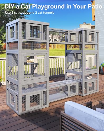 TIMHAKA Catio Indoor Cat Enclosure, 3 Tiers Cat Enclosure with Platform, Resting Box and 8 Removable Door can Connect with Cats Tunnel, Luxurious Playground with Waterproof Cover, DIY Wood Cats Cage TIMHAKA