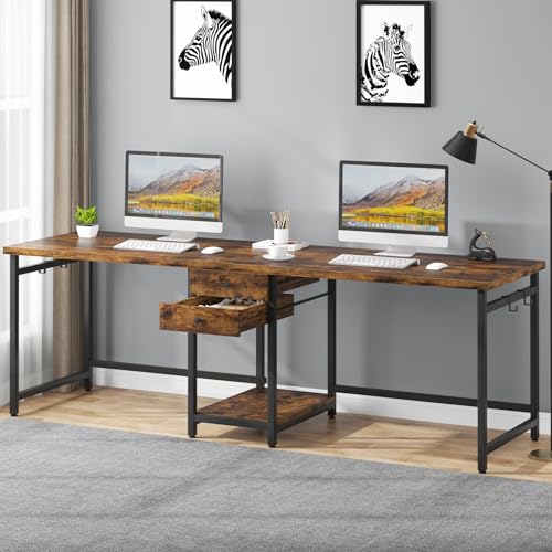 Tribesigns 79 Inch Extra Long Desk, Double Desk with 2 Drawers, Two Person Desk Long Computer Desk with Storage Shelves, Writing Table Study Desk for Home Office, Rustic Brown Tribesigns