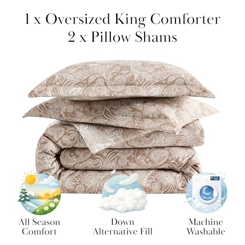 Southshore Fine Living, Inc. Oversized Comforter King Size Bed Set, Down Alternative Paisley Bedspread, Reversible Bedding Sets, California/King Sized Comforter & Matching Shams, Taupe/White Southshore Fine Living, Inc.
